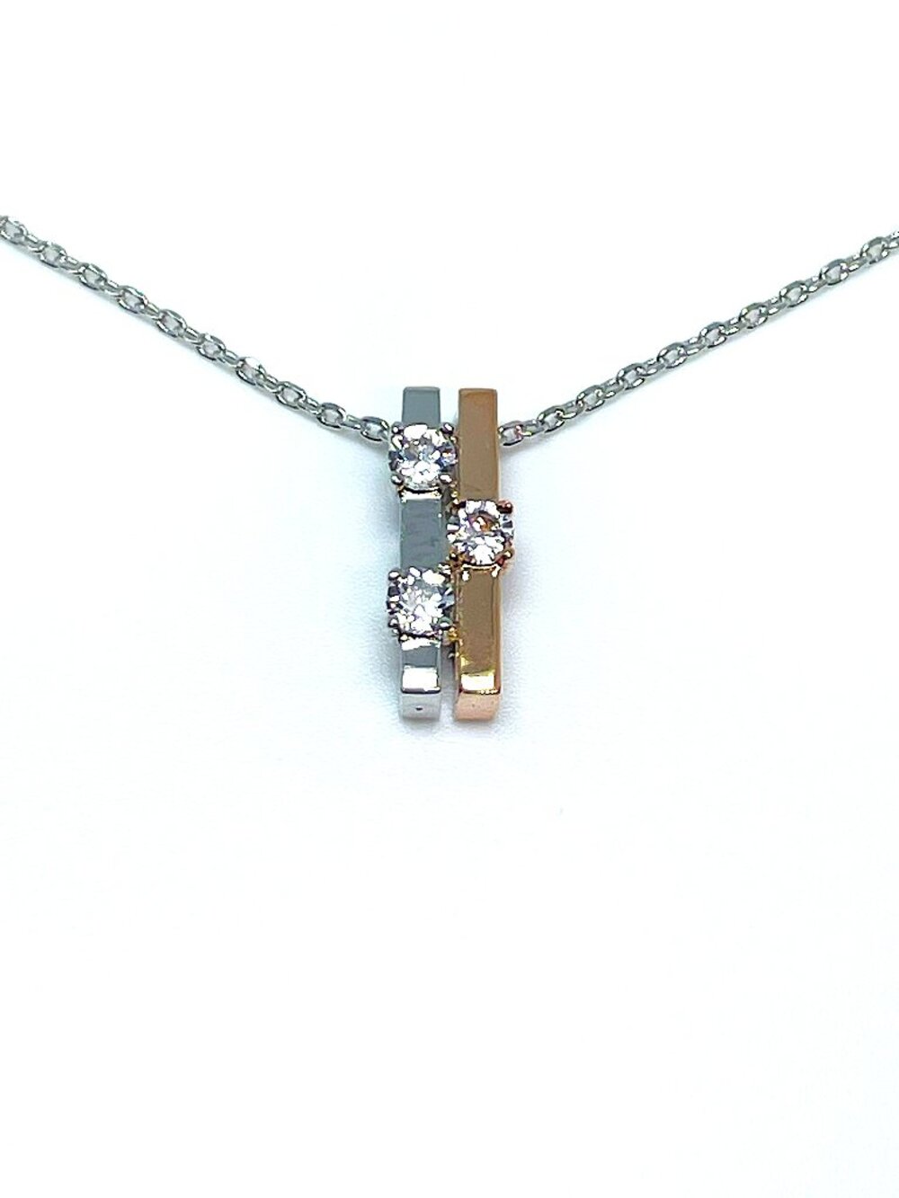 Two-Tone Gold Plated Bar Pendant Necklace made with Crystals by Swarovski, 16"
